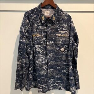 US Navy NWU Type I Blouse Large Long Blue‎ Camo CPO Rank Patches Warfare